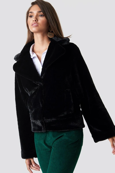 Shop Na-kd Wide Sleeve Faux Fur Jacket Black