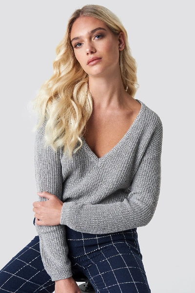 Shop Na-kd Deep Front V-neck Knitted Sweater - Grey