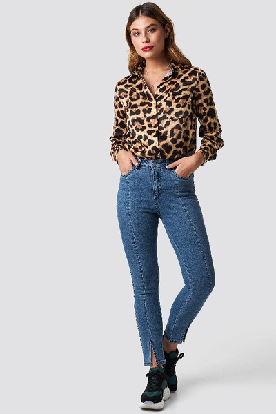 Shop Na-kd Highwaist Skinny Front Slit Jeans - Blue In Mid Blue