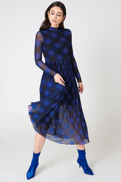 Shop Na-kd Mesh Ls Midi Dress Black In Cobolt/black Check