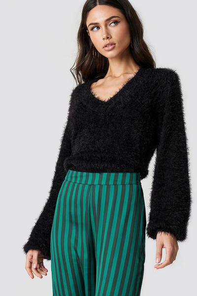 Shop Na-kd Hairy Deep V-neck Sweater - Black