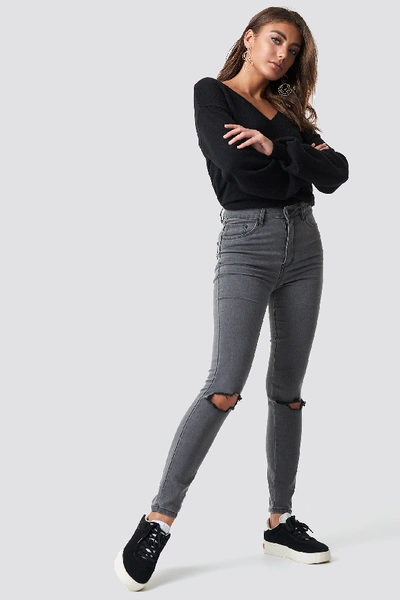 Shop Luisa Lion X Na-kd Ripped Knee Jeans - Grey In Dark Grey