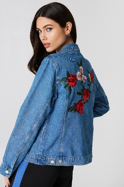 Shop Na-kd Flower Embroidery Denim Jacket Blue In Medium Wash