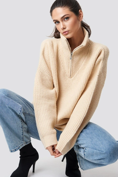 Shop Na-kd Front Zipper Knitted Sweater - Beige