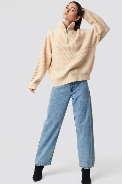 Shop Na-kd Front Zipper Knitted Sweater - Beige