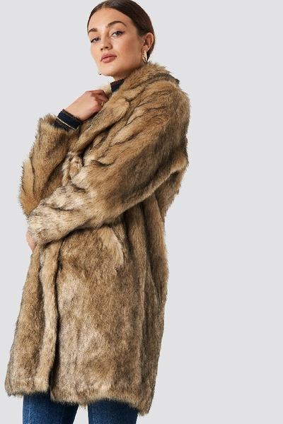 Shop Na-kd Faux Fur Collar Long Jacket Brown