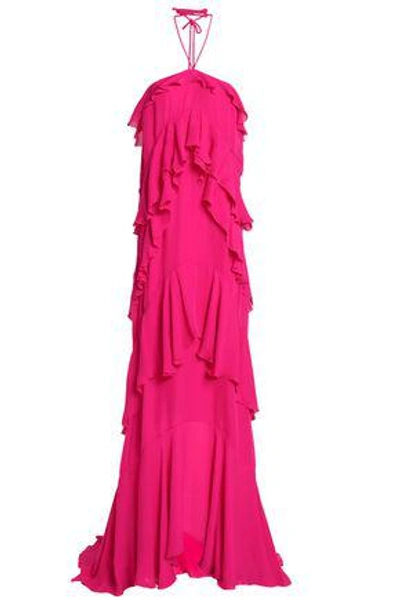 Shop Roberto Cavalli Woman Ruffled Silk-crepe Halterneck Gown Fuchsia
