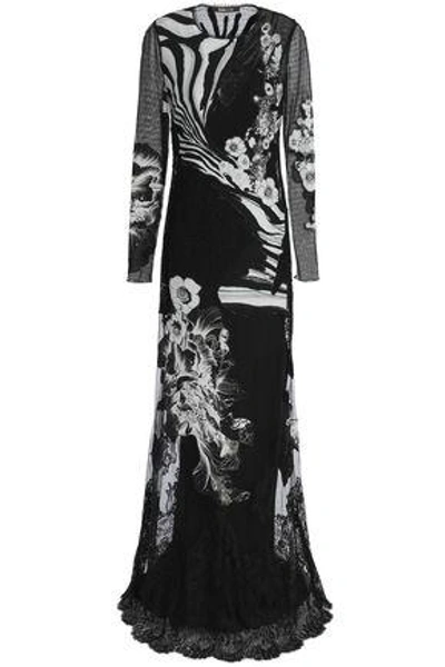 Shop Roberto Cavalli Paneled Lace, Point D'esprit And Printed Silk Crepe De Chine Gown In Black