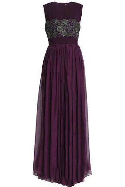 Shop Zuhair Murad Woman Pleated Chiffon, Crepe And Metallic Lace Gown Purple