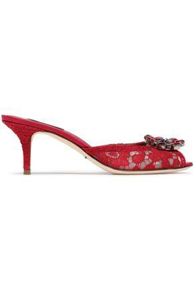Shop Dolce & Gabbana Crystal-embellished Corded Lace Mules In Red