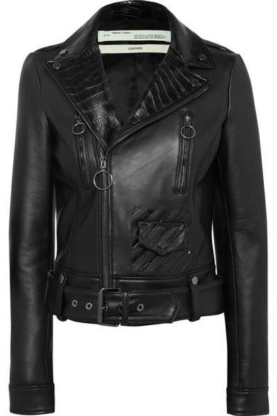 Shop Off-white Printed Leather Biker Jacket In Black