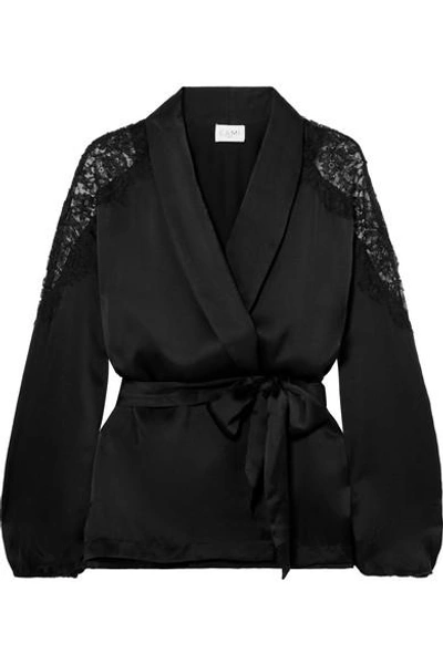 Shop Cami Nyc The Kimberly Lace-trimmed Silk-charmeuse Jacket In Black