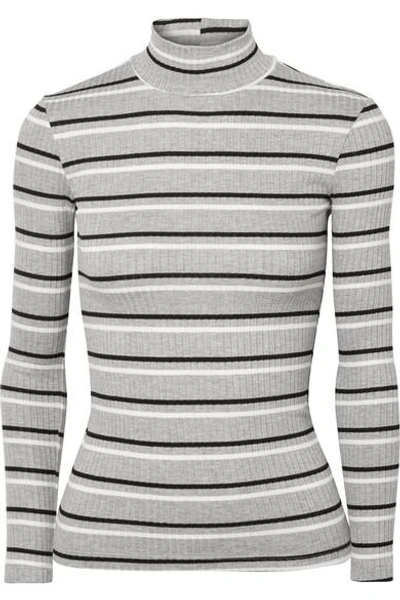 Shop Frame Striped Ribbed-knit Turtleneck Sweater In Gray