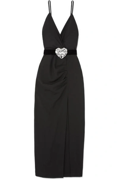 Shop Alessandra Rich Crystal-embellished Ruched Wool-blend Maxi Dress In Black