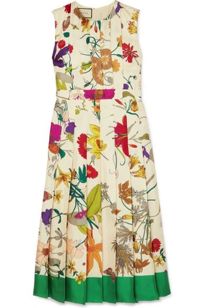 Shop Gucci Pleated Floral-print Silk Midi Dress In Ivory