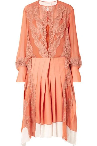 Shop Chloé Lace-trimmed Mousseline And Pleated Crepe Midi Dress In Orange