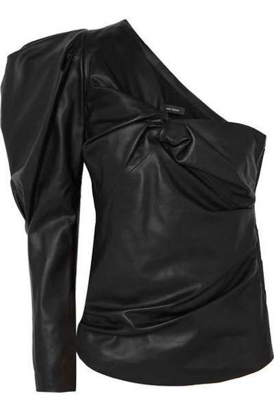 Shop Isabel Marant Noop One-shoulder Ruched Leather Top In Black