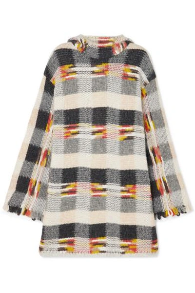 Shop Missoni Oversized Fringed Checked Intarsia Knitted Hoodie In Gray