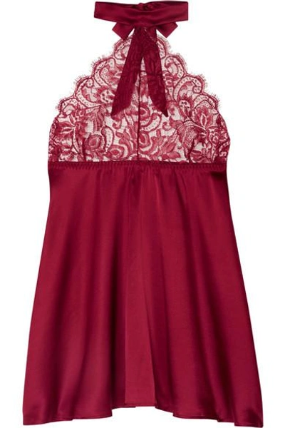 Shop Coco De Mer Carnelian Silk-blend Satin And Lace Halterneck Chemise In Claret