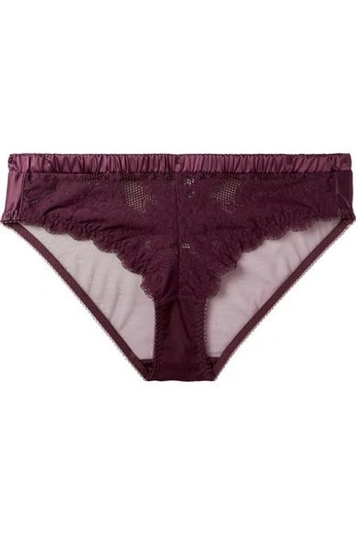 Shop Stella Mccartney Julia Juggling Satin-trimmed Stretch-lace And Tulle Briefs In Plum