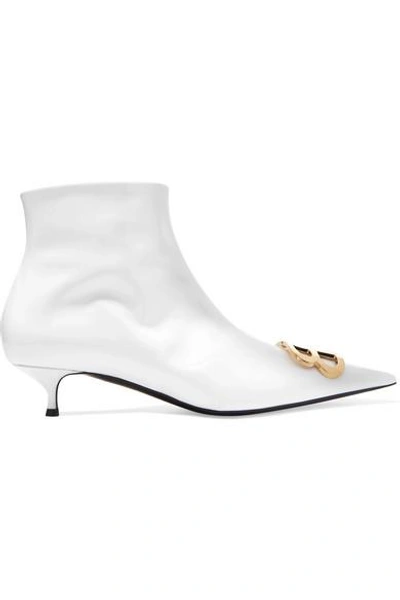 Shop Balenciaga Knife Logo-embellished Patent-leather Ankle Boots In White