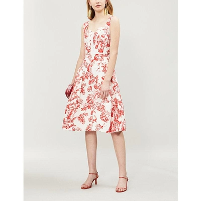 Shop Oscar De La Renta Floral-print Stretch-cotton Dress In Scarlet