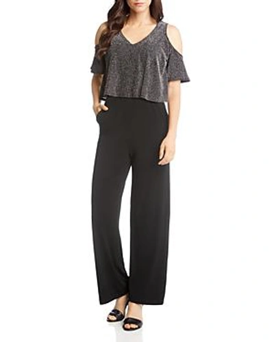 Shop Karen Kane Cold-shoulder Sparkle-knit Jumpsuit In Black