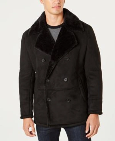 Shop Kenneth Cole Men's Faux Sherpa Collar Double-breasted Pea Coat In Black