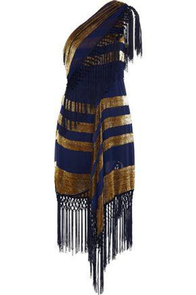 Shop Alice Mccall For Her One-shoulder Macramé-trimmed Tinsel And Georgette Dress In Indigo