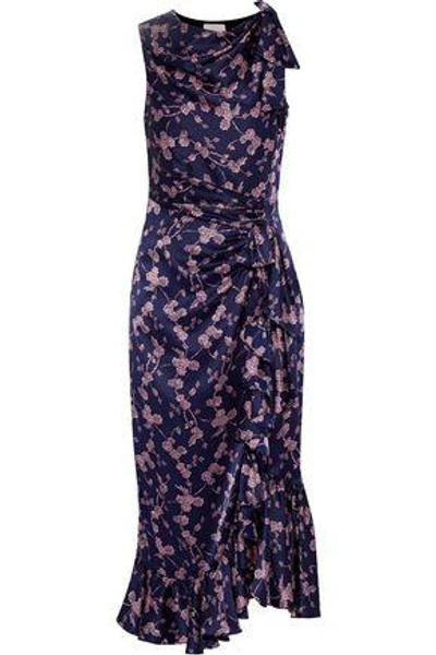 Shop Cinq À Sept Woman Nannon Bow-embellished Gathered Floral-print Silk-satin Midi Dress Dark Purple