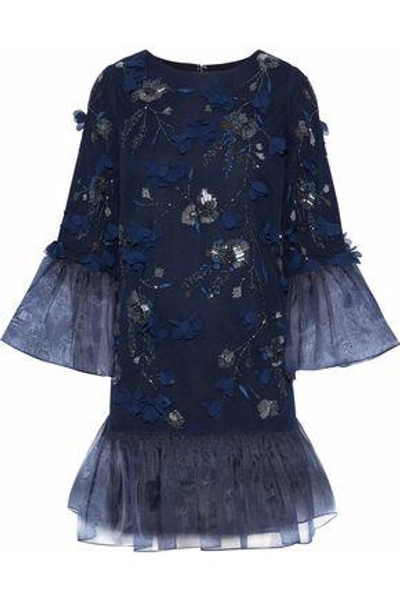 Shop Marchesa Notte Organza-paneled Embellished Tulle Mini Dress In Navy