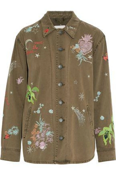 Shop Cinq À Sept Woman Whimsical Canyon Embroidered Cotton-twill Jacket Army Green