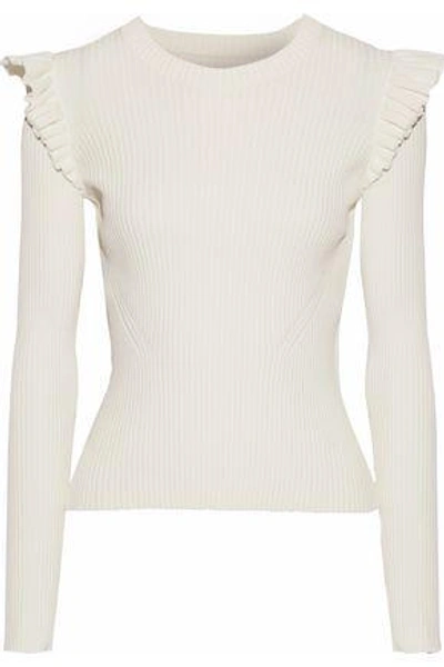Shop Cinq À Sept Woman Sloann Ruffle-trimmed Ribbed-knit Sweater Ivory