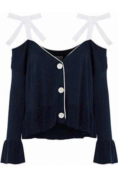 Shop Cinq À Sept Woman Colby Cold-shoulder Silk And Cashmere-blend Cardigan Navy