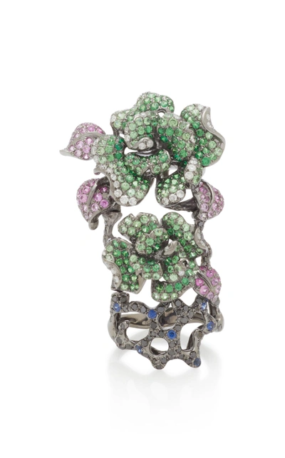 Shop Wendy Yue 18k White Gold Diamond Tsavorite And Sapphire Ring In Green