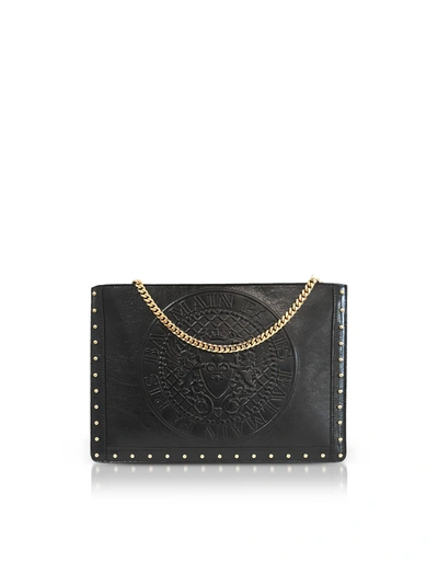 Shop Balmain Black Coin Embossed Leather Mini Domaine Pouch W/chain