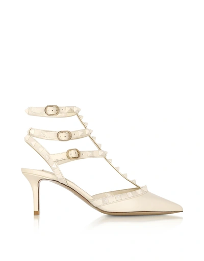 Shop Valentino Rockstud Ivory Leather Ankle Strap Pumps