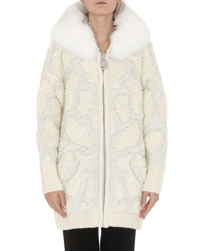 Shop Philipp Plein Knit Jacket With Fur Trimmed Hood In White