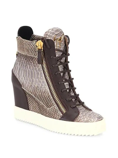 Shop Giuseppe Zanotti Snake-embossed Leather High-top Wedge Sneakers In Desert