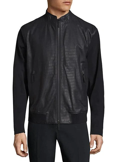 Shop Giorgio Armani Perforated Leather Jacket In Solid Blue