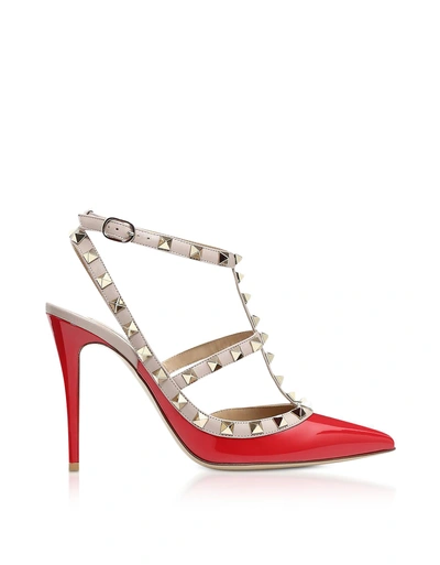 Shop Valentino Rockstud Red Patent Leather Ankle Stap Pumps