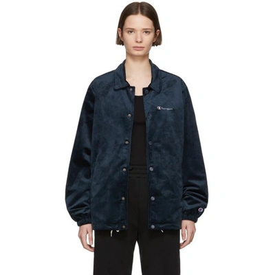 Champion Reverse Weave Navy Velour Script Logo Coach Jacket In Nyc
