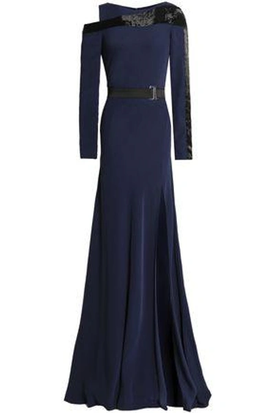 Shop Amanda Wakeley Woman Cold-shoulder Bead-embellished Crepe Gown Midnight Blue