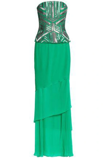 Shop Amanda Wakeley Embellished Mesh And Silk-georgette Gown In Jade