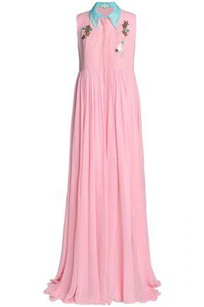 Shop Delpozo Woman Embellished Pleated Silk Crepe De Chine Maxi Dress Baby Pink