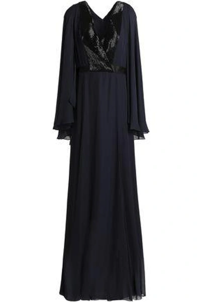 Shop Amanda Wakeley Woman Embellished Draped Crepe Gown Midnight Blue