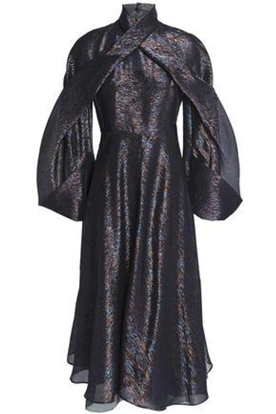 Shop Delpozo Woman Metallic Silk-blend Jacquard Midi Dress Midnight Blue