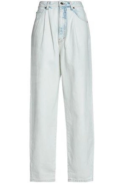 Shop Marc Jacobs Woman Bleached Pleated High-rise Wide-leg Jeans Light Denim