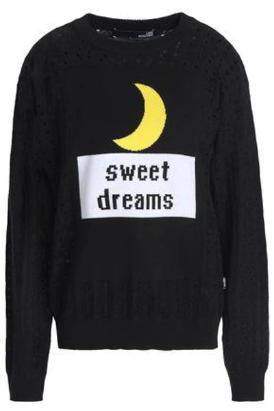 Shop Love Moschino Woman Intarsia And Pointelle-knit Cotton Sweater Black