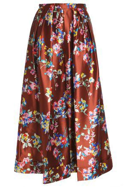 Shop Delpozo Woman Pleated Floral-print Silk-twill Wide-leg Pants Brown